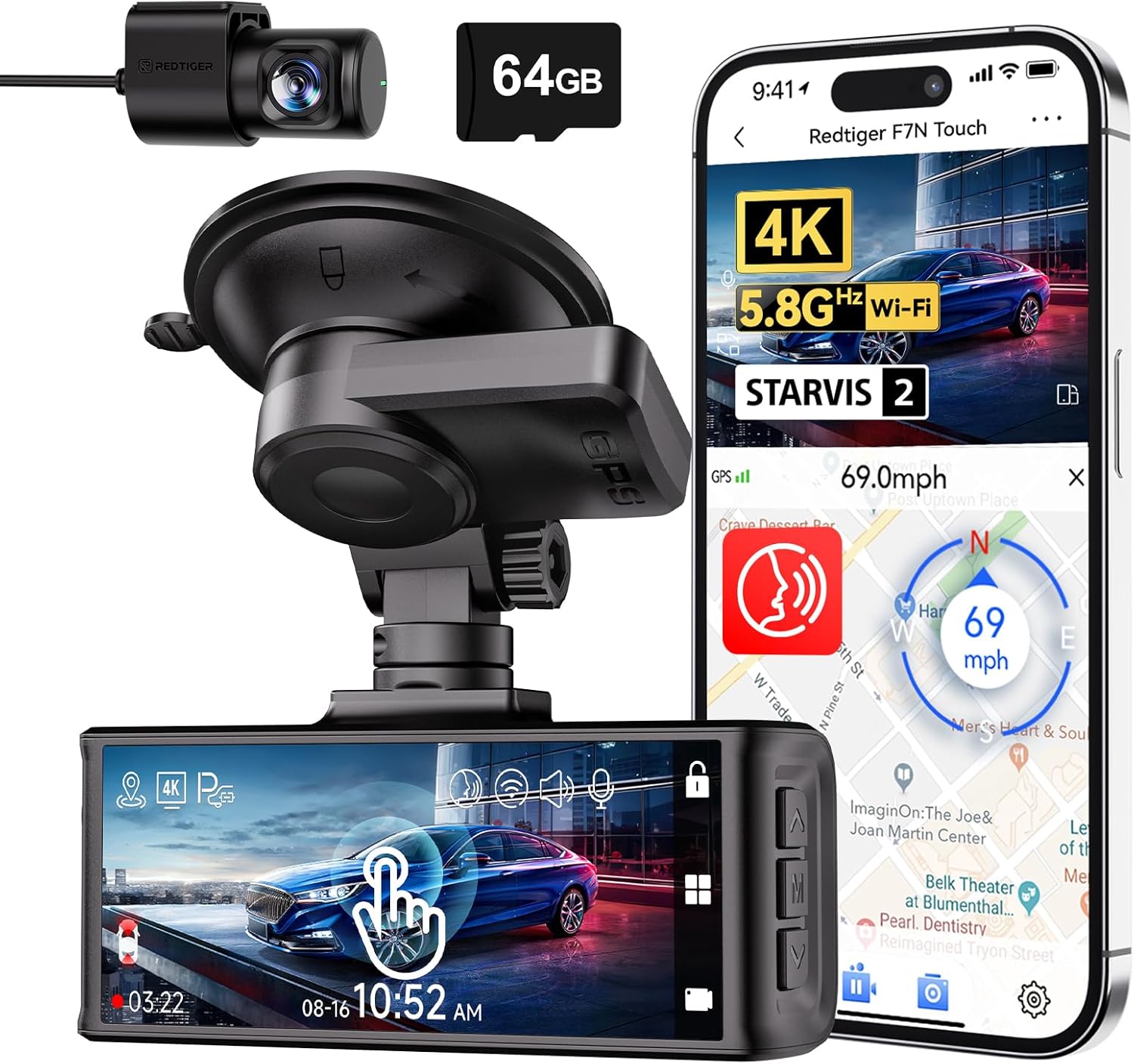 REDTIGER 4K Dash Cam Front and Rear, Touch Screen 3.18 Inch, Voice Control, 5.8GHz WiFi Car Dash Camera with 64GB Card, GPS, UHD 2160P Night Vision, WDR, Emergency Lock, Parking Monitor (F7N Touch)