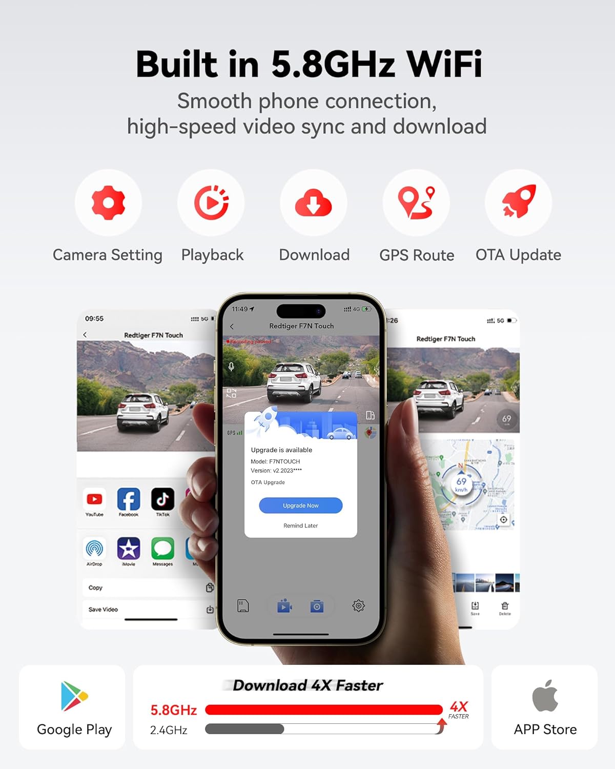REDTIGER 4K Dash Cam Front and Rear, Touch Screen 3.18 Inch, Voice Control, 5.8GHz WiFi Car Dash Camera with 64GB Card, GPS, UHD 2160P Night Vision, WDR, Emergency Lock, Parking Monitor (F7N Touch) - Image 5