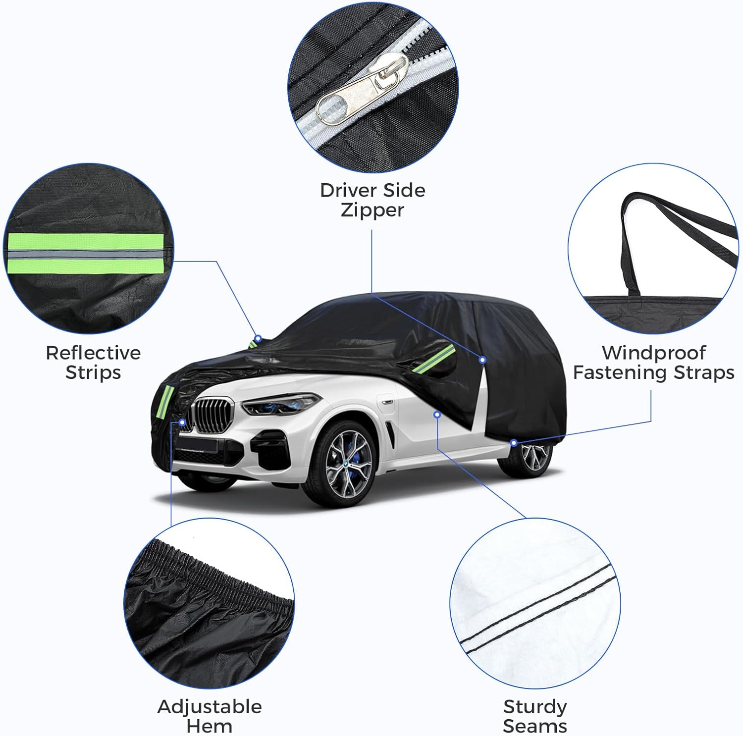 SUV Car Cover Waterproof All Weather for Snow UV Protection Waterproof Outdoor Heavy Duty Full Exterior Covers with Door Zipper Universal Fit SUVs Up to 190’’ - Image 2