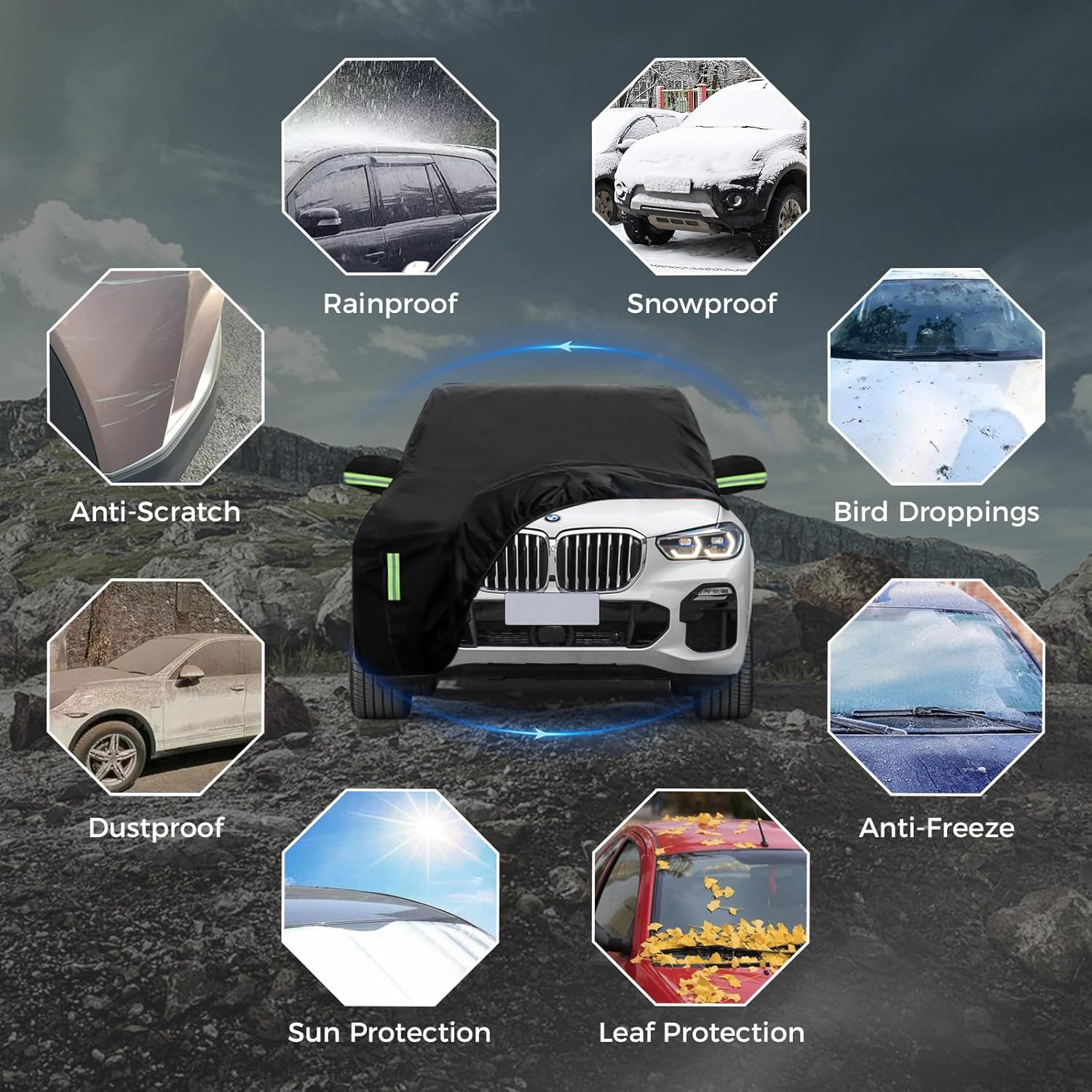SUV Car Cover Waterproof All Weather for Snow UV Protection Waterproof Outdoor Heavy Duty Full Exterior Covers with Door Zipper Universal Fit SUVs Up to 190’’ - Image 3
