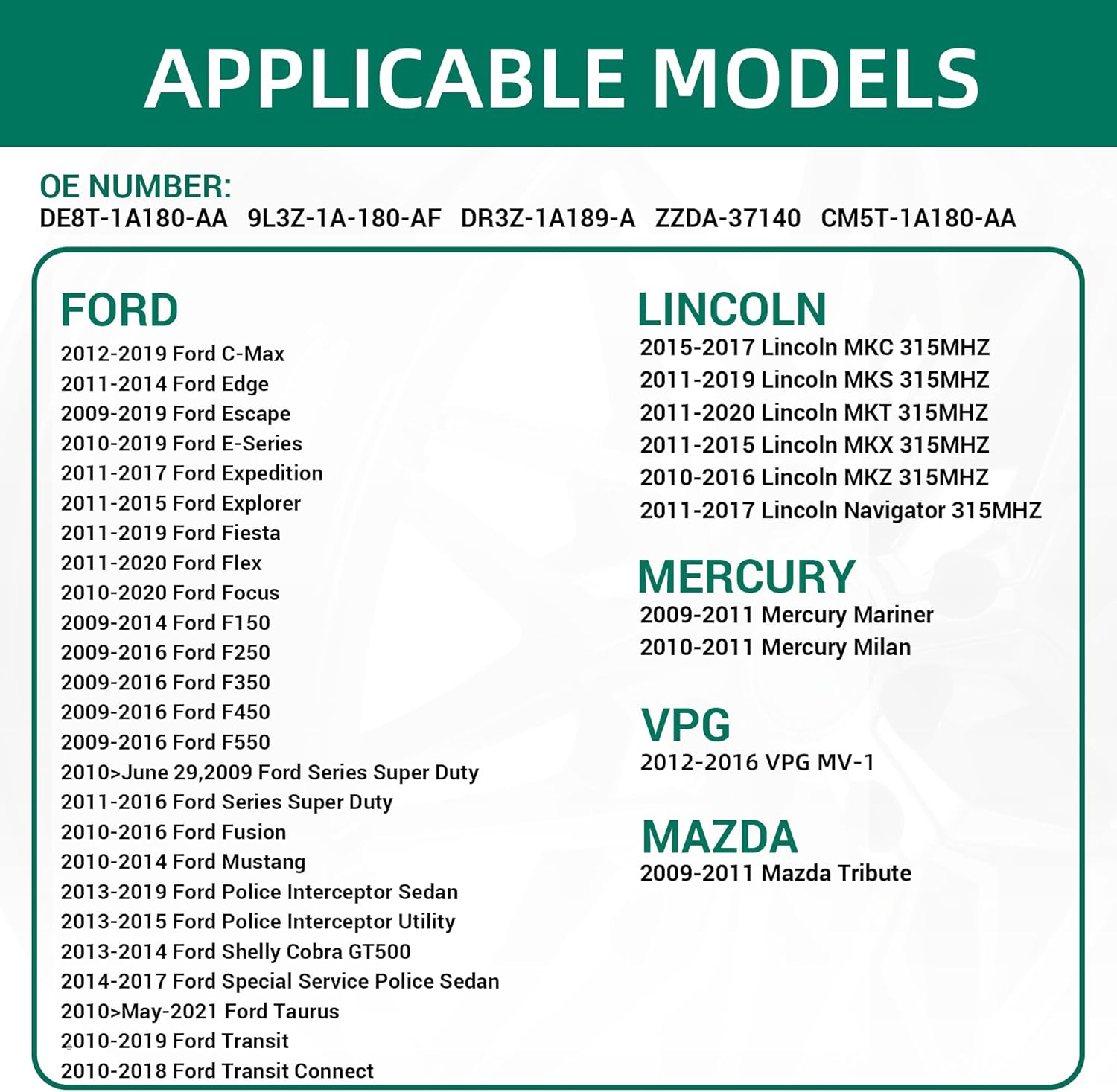 TPMS Sensor for Ford F150 4-Pack,315MHZ Tire Pressure Monitor System for or Ford F150 F250 F350 F450 F550,Escape,Fusion, Lincoln MKX MKC,Mercury Replaces# 9L3Z1A189A,DE8T1A180AA,DR3Z1A189A. - Image 2