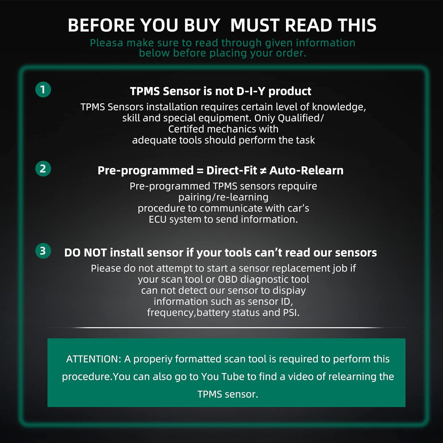 TPMS Sensor for Ford F150 4-Pack,315MHZ Tire Pressure Monitor System for or Ford F150 F250 F350 F450 F550,Escape,Fusion, Lincoln MKX MKC,Mercury Replaces# 9L3Z1A189A,DE8T1A180AA,DR3Z1A189A. - Image 6